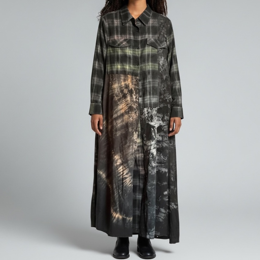 The Nu Vintage Patchwork Long Shirt Jacket Dress Button Front 90s Grunge Large